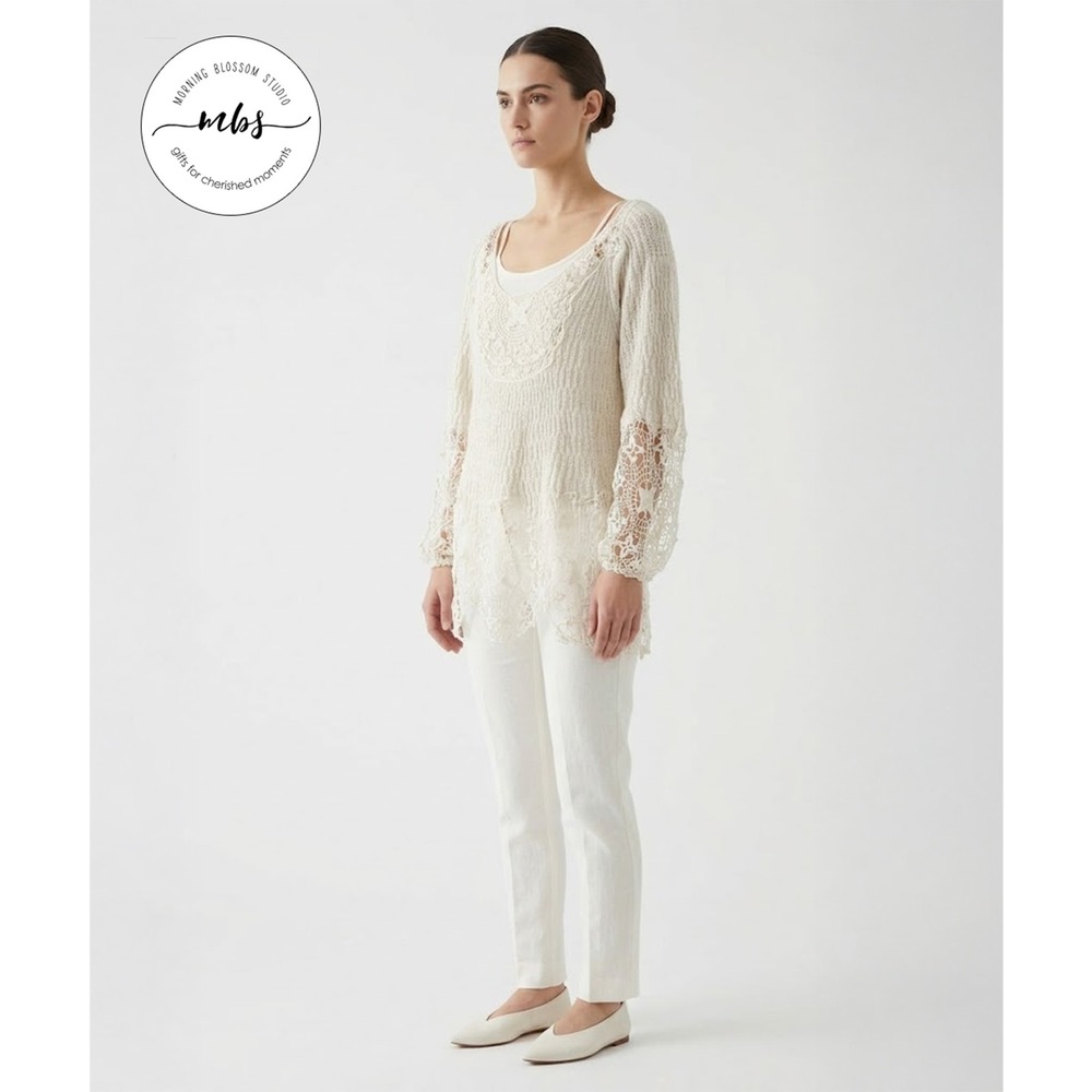 Free People Boho Crochet Knit Tunic Sweater Ivory Women XS‎